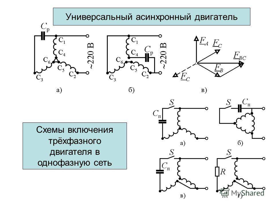 Трехфазный электрический двигатель схема. Схема подключения 3 фазного двигателя к однофазной сети. 3х фазный асинхронный двигатель схема. Схема запуска асинхронного двигателя 220в без конденсатора. Схема включения асинхронного двигателя в однофазную сеть.