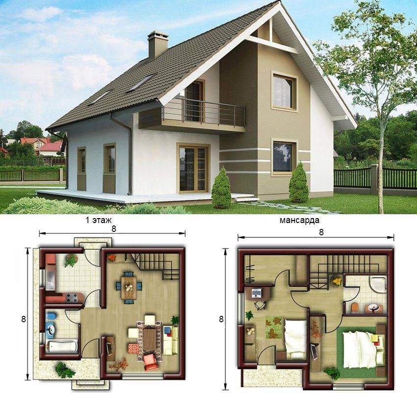 Проекты домов из пеноблоков с мансардой 8х8, 9х9 и других размеров